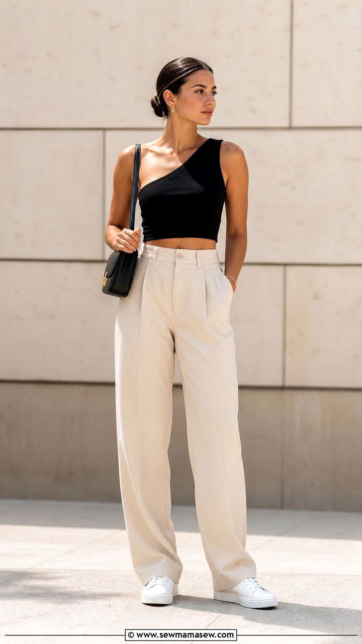 One Shoulder Crop Top With High Waisted Trousers And Sneakers - 20 summer crop top outfit ideas with sneakers