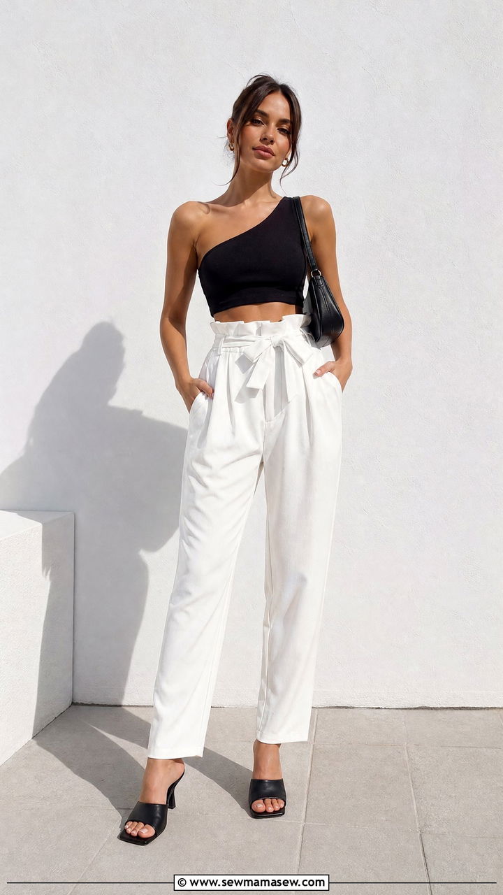 One Shoulder Crop Top With Paperbag Waist Pants - 20 crop top with paperbag waist pants outfit ideas