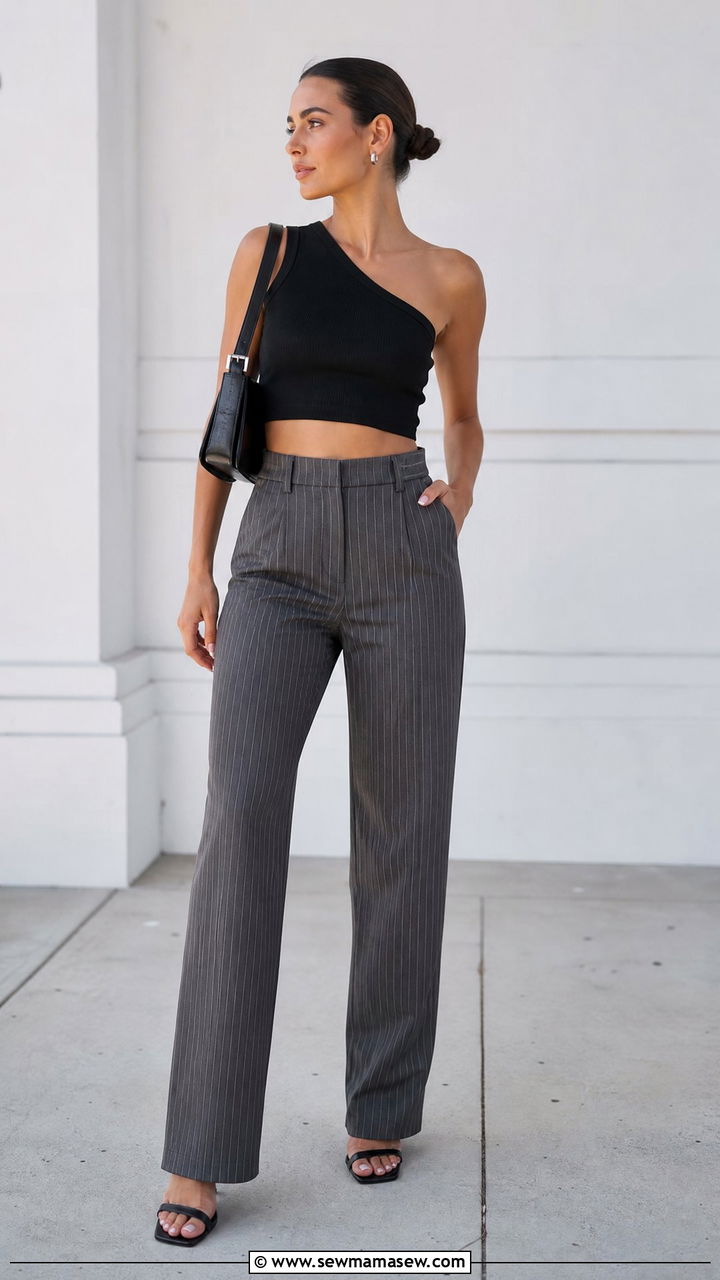 One Shoulder Crop Top With Pinstripe Pants - 20 crop top with pinstripe pants outfit ideas