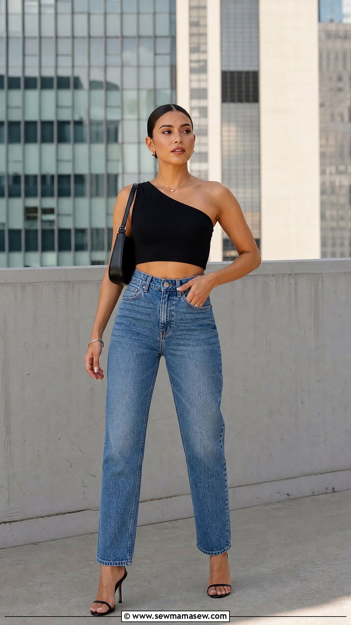 One Shoulder Crop Top With Straight Leg Jeans - 20 crop top outfits for a photoshoot