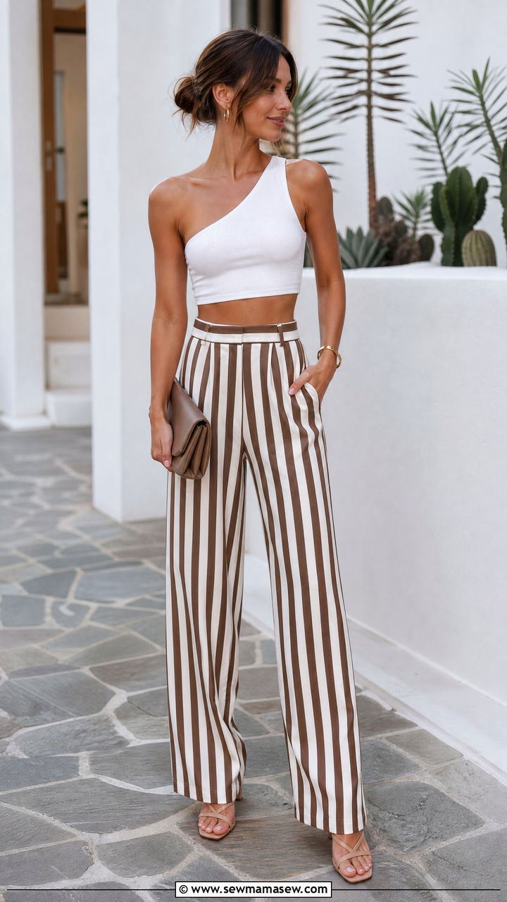 One Shoulder Crop Top With Striped Pants - 20 crop top with striped pants outfit ideas