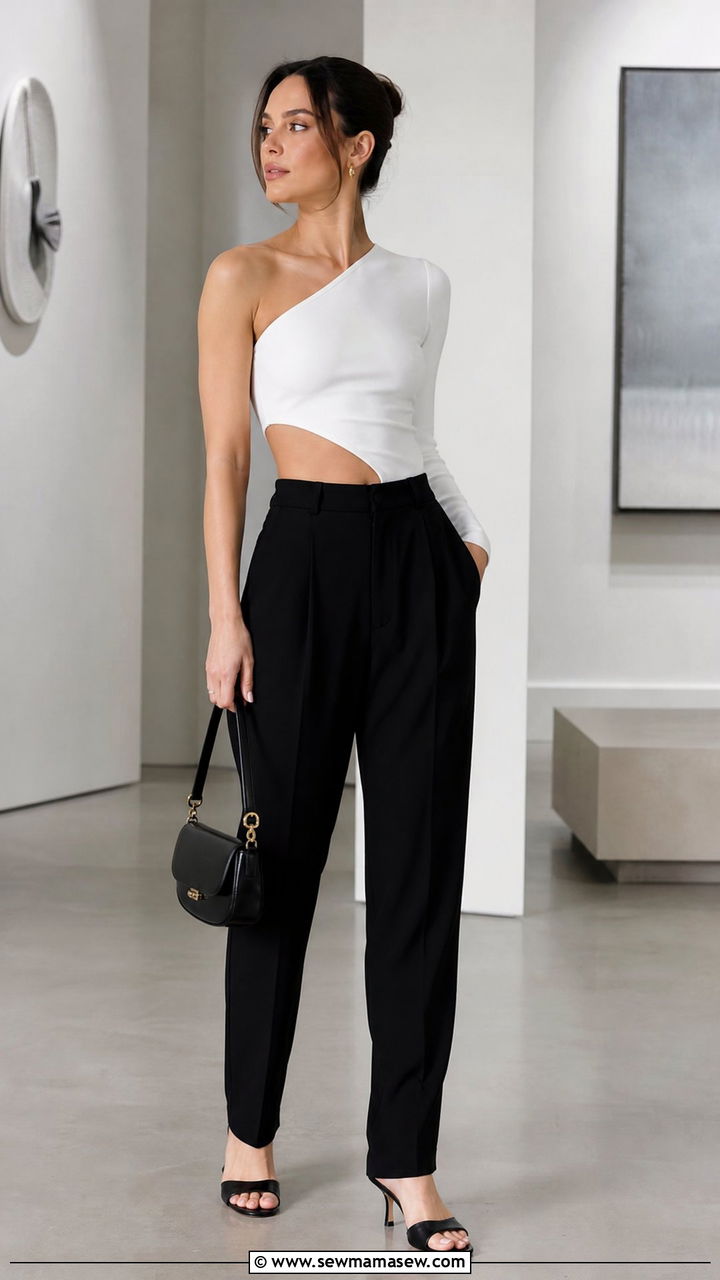 One Shoulder Cut Out Top With Tailored Pants - 20 cut out top outfit ideas