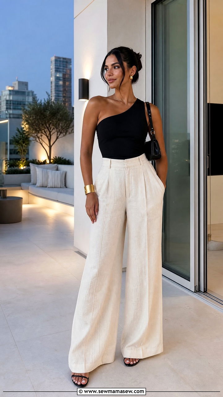 One Shoulder Top And Linen Trousers Outfit - 20 summer top outfit ideas