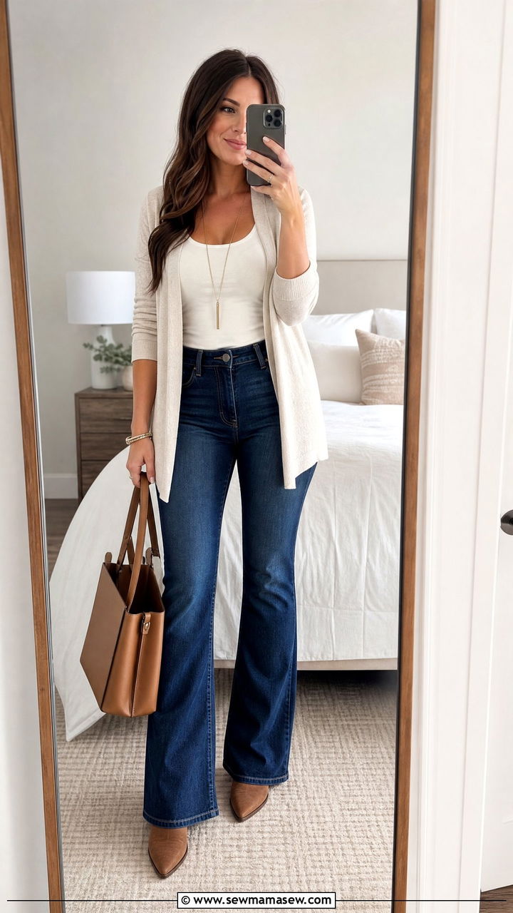 Open Cardigan Top With Tank And Jeans - 20 tops for big bust outfit ideas