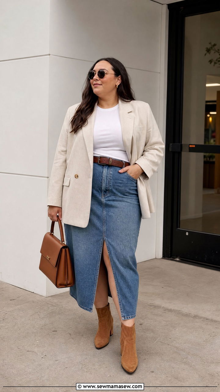 Oversized Blazer With Denim Skirt - 20 plus size oversized blazer outfit ideas