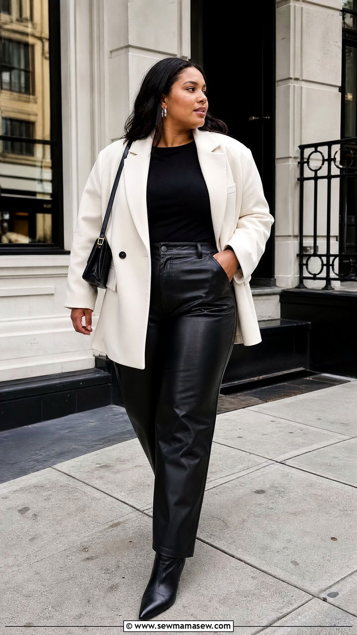 Oversized Blazer With Faux Leather Pants - 20 plus size oversized blazer outfit ideas