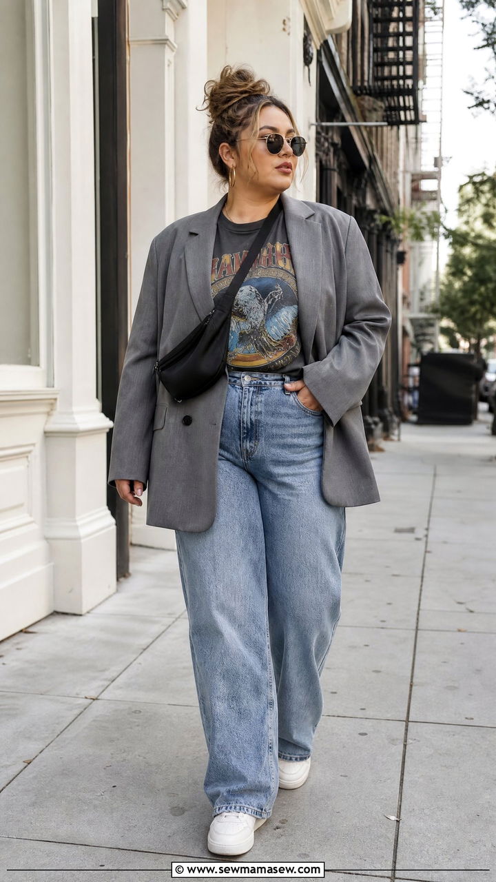 Oversized Blazer With Graphic Tee And Jeans - 20 plus size oversized blazer outfit ideas