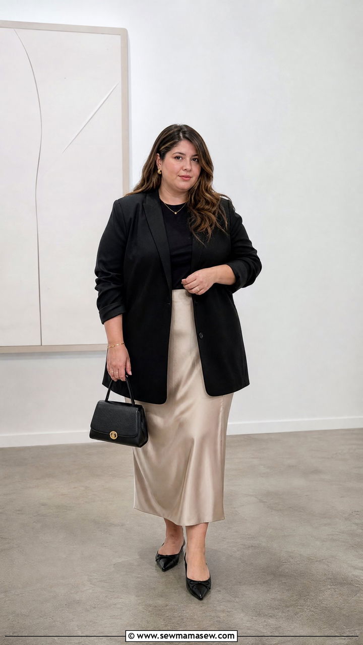 Oversized Blazer With Satin Skirt - 20 plus size oversized blazer outfit ideas