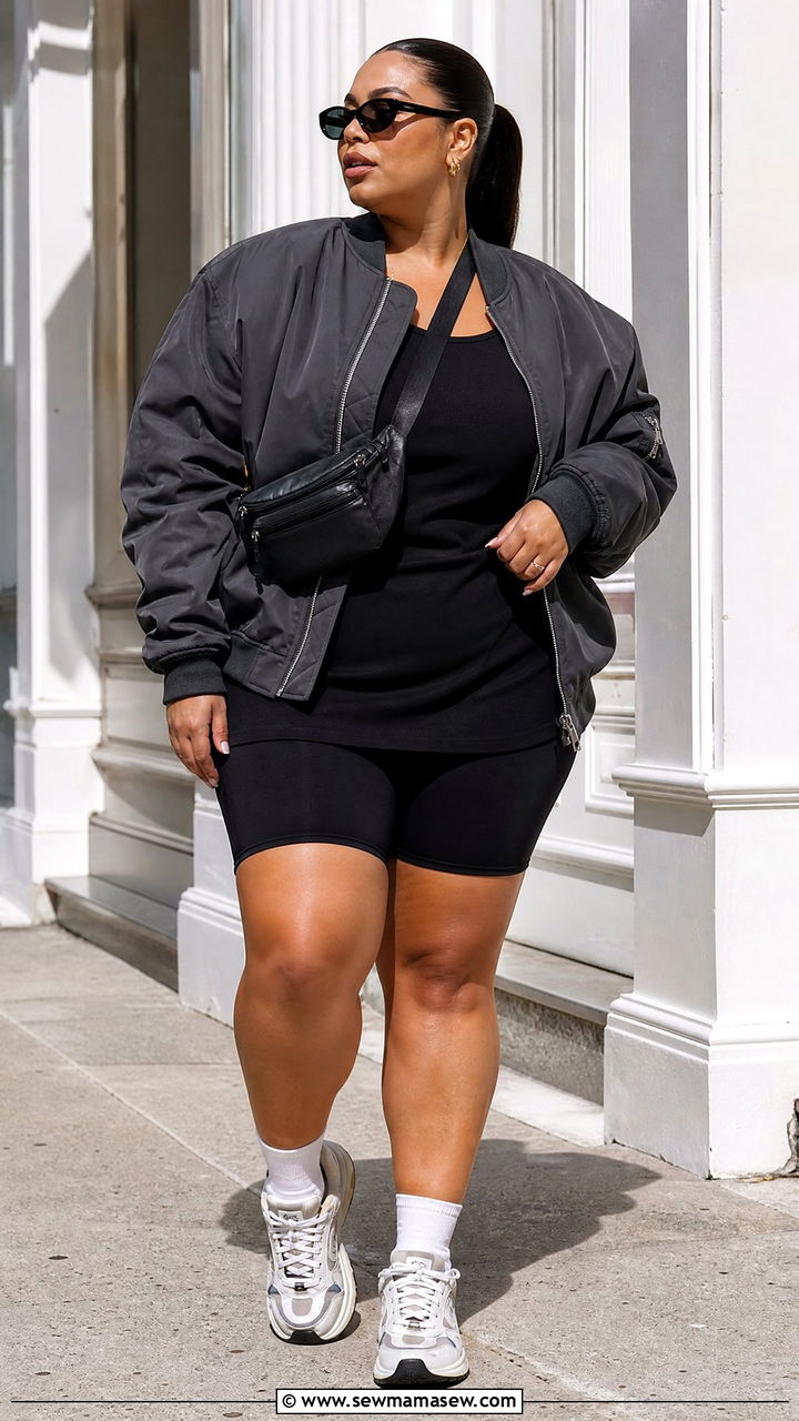Oversized Bomber Jacket With Bike Shorts - 20 plus size bomber jacket outfit ideas