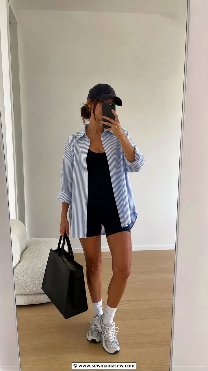 Oversized Button Down And Biker Shorts Outfit - 20 edgy top outfit ideas