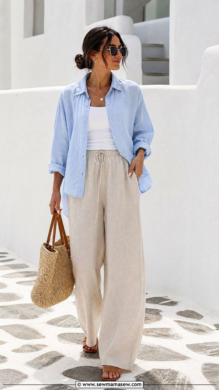 Oversized Button Down Shirt With Linen Pants - 20 trendy tops outfit ideas 2026