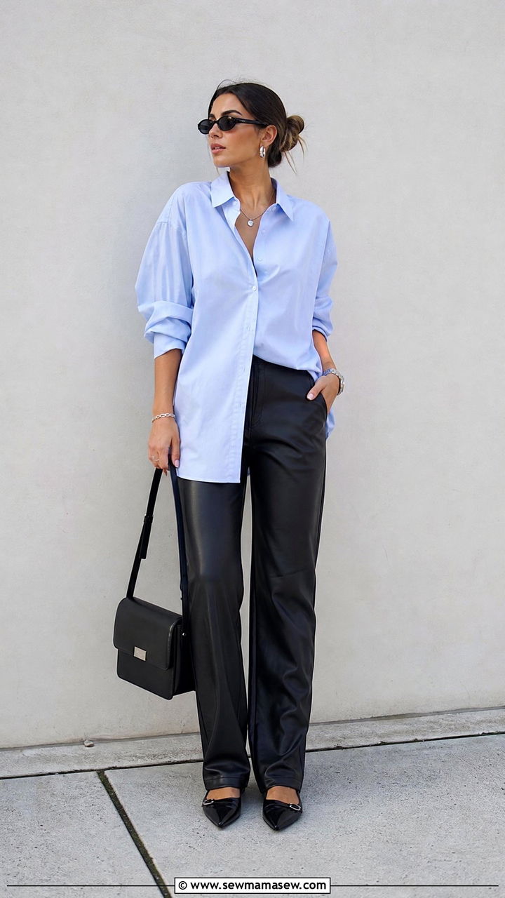 Oversized Button Up With Leather Pants - 20 oversized button up outfit ideas