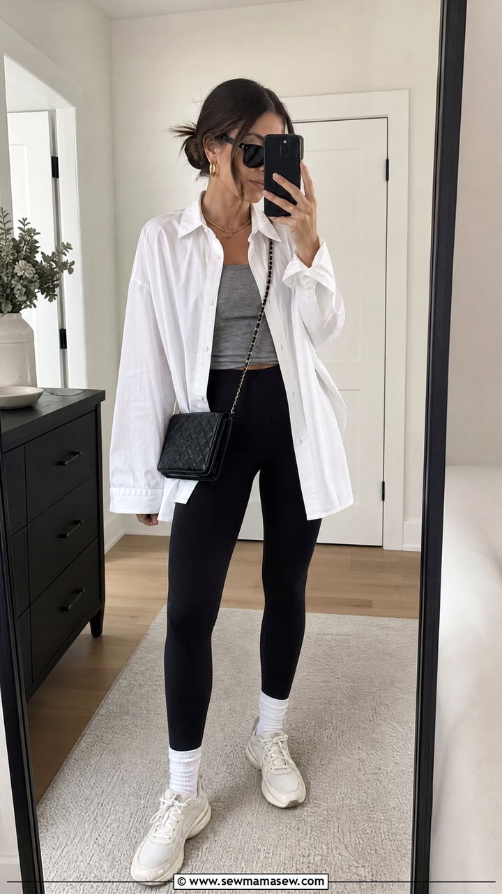 Oversized Button Up With Leggings - 20 oversized button up outfit ideas