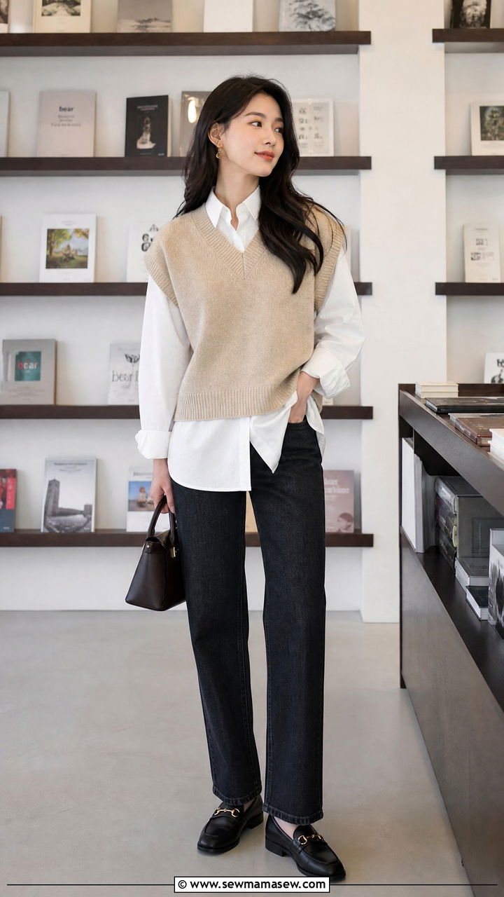 Oversized Button Up With Sweater Vest - 20 oversized button up outfit ideas