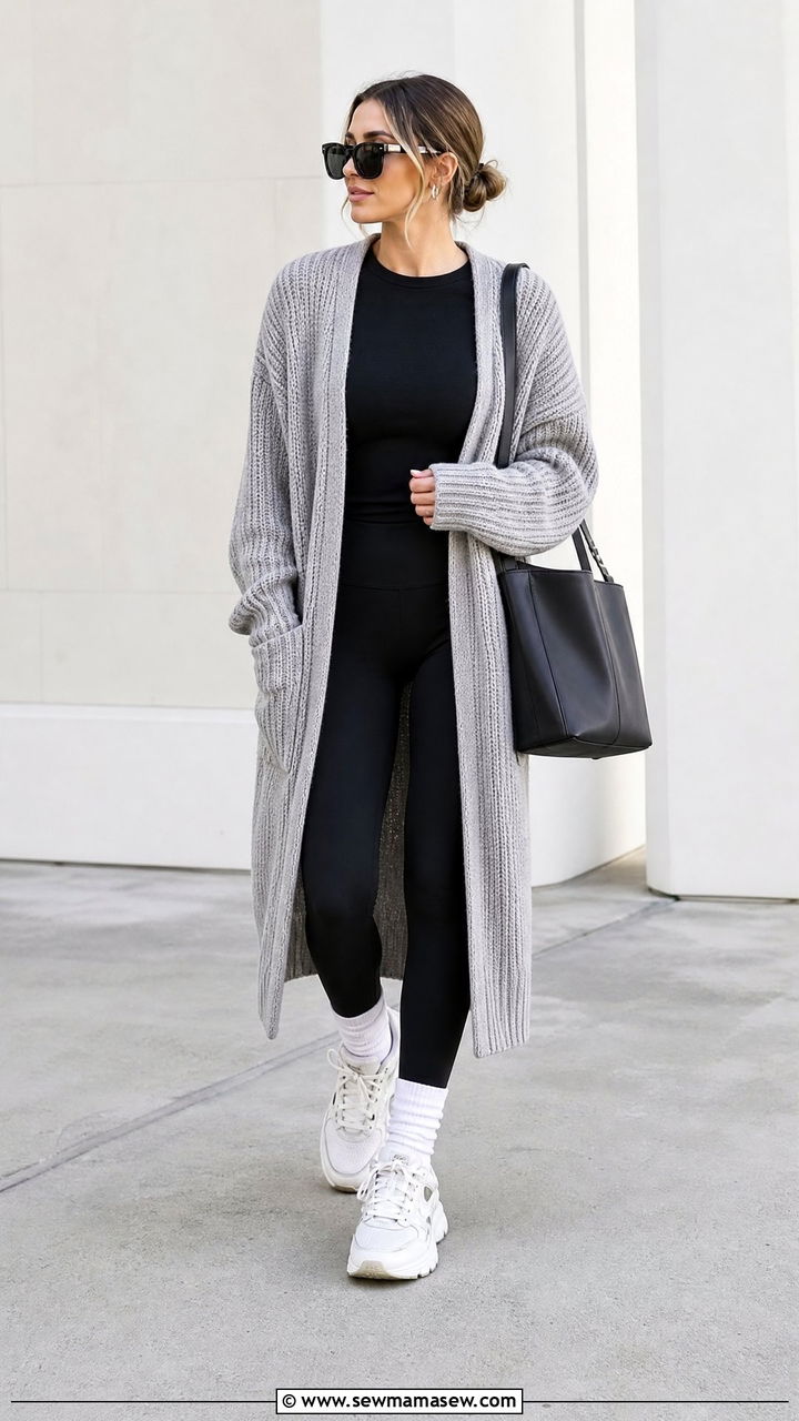 Oversized Cardigan With Black Leggings - 20 oversized cardigan outfit ideas