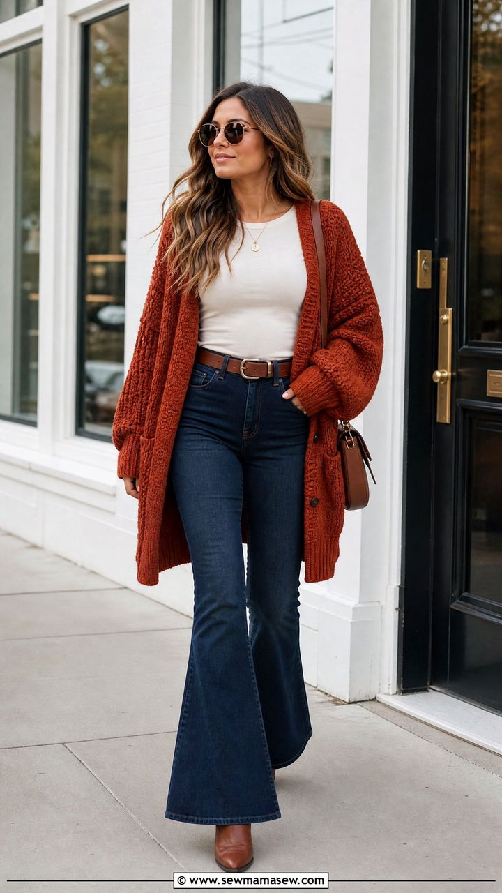 Oversized Cardigan With Flare Jeans - 20 oversized cardigan outfit ideas