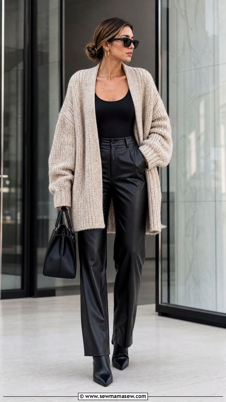 Oversized Cardigan With Leather Pants - 20 oversized cardigan outfit ideas