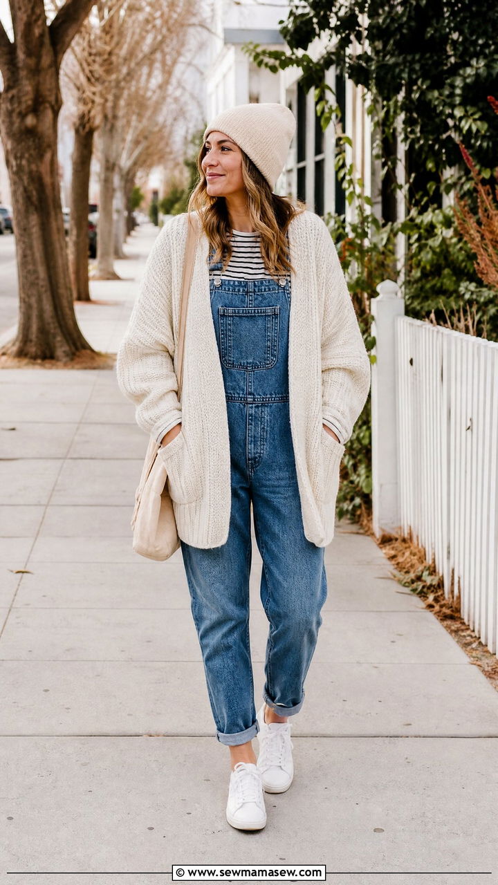 Oversized Cardigan With Overalls - 20 oversized cardigan outfit ideas