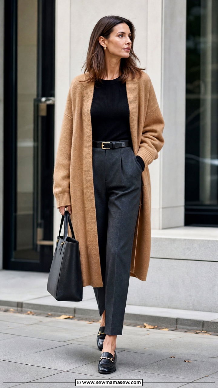 Oversized Cardigan With Tailored Trousers - 20 oversized cardigan outfit ideas