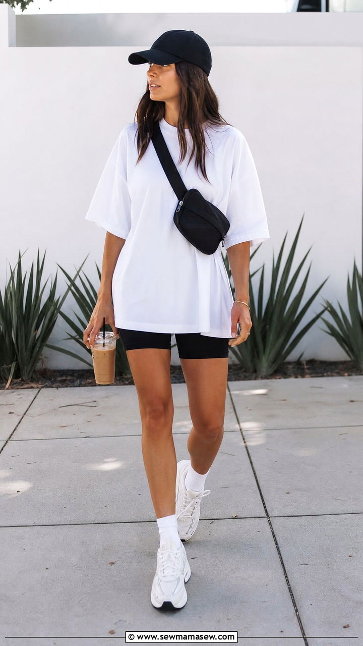 Oversized Crew Neck Tee With Biker Shorts - 20 crew neck tee outfit ideas