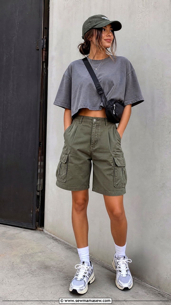 Oversized Crop Tee With Cargo Shorts - 20 crop top with cargo shorts outfit ideas