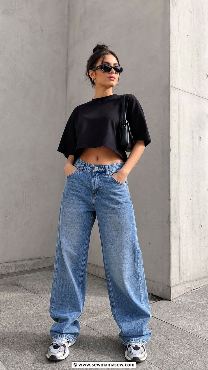 Oversized Crop Top With Baggy Jeans - 20 oversized crop top outfit ideas
