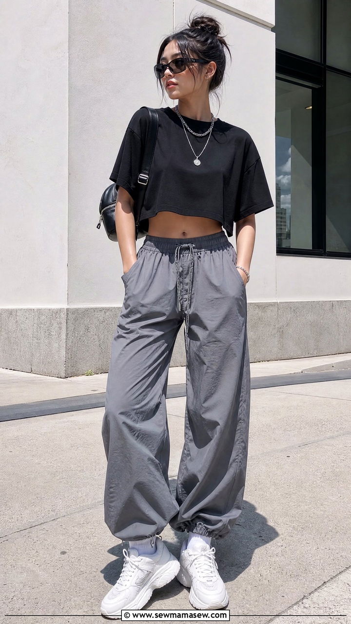 Oversized Crop Top With Parachute Pants - 20 oversized crop top outfit ideas