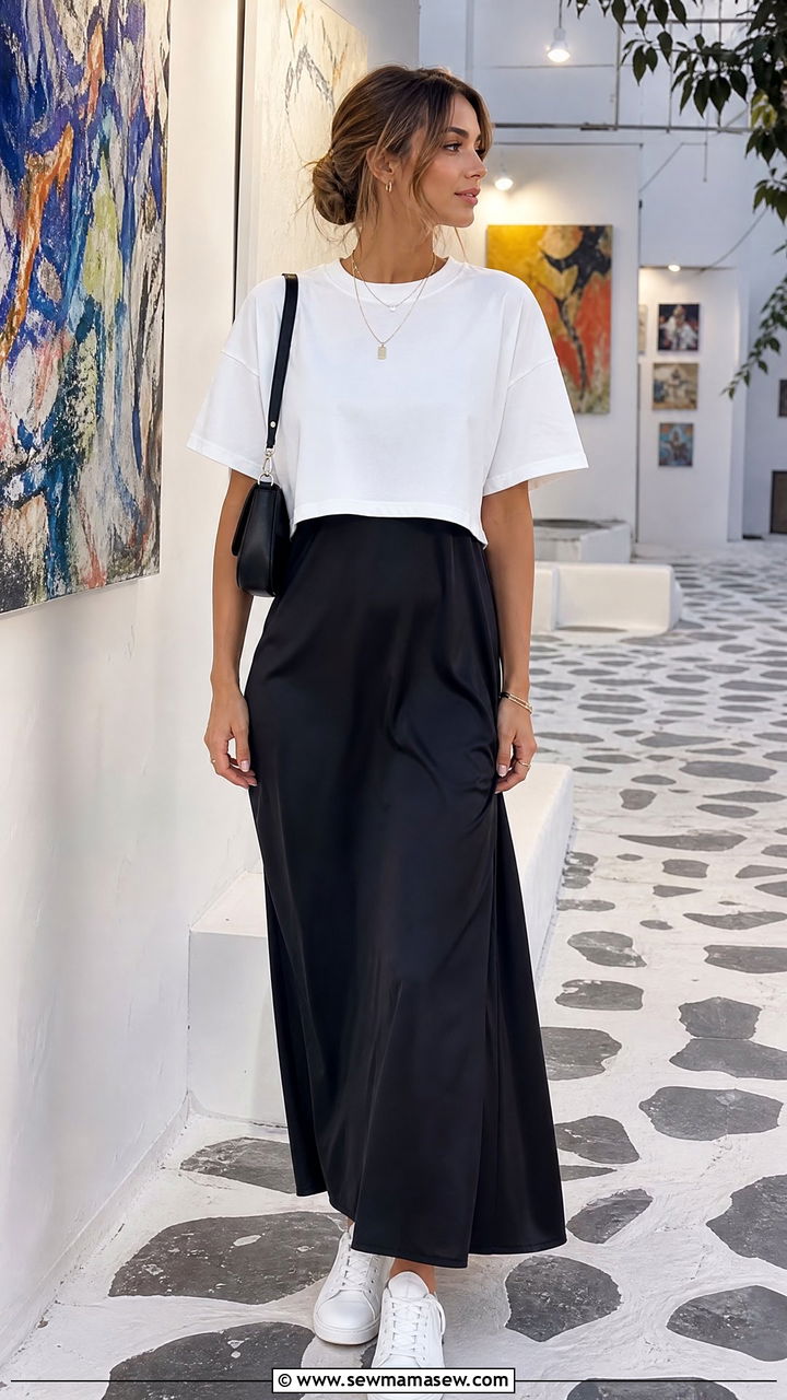 Oversized Crop Top With Slip Dress Layer - 20 oversized crop top outfit ideas