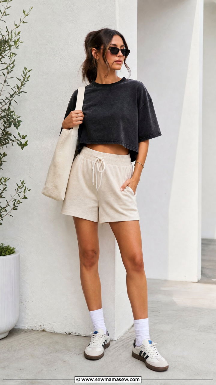Oversized Cropped Tee With Sweat Shorts - 20 crop top with sweat shorts outfit ideas