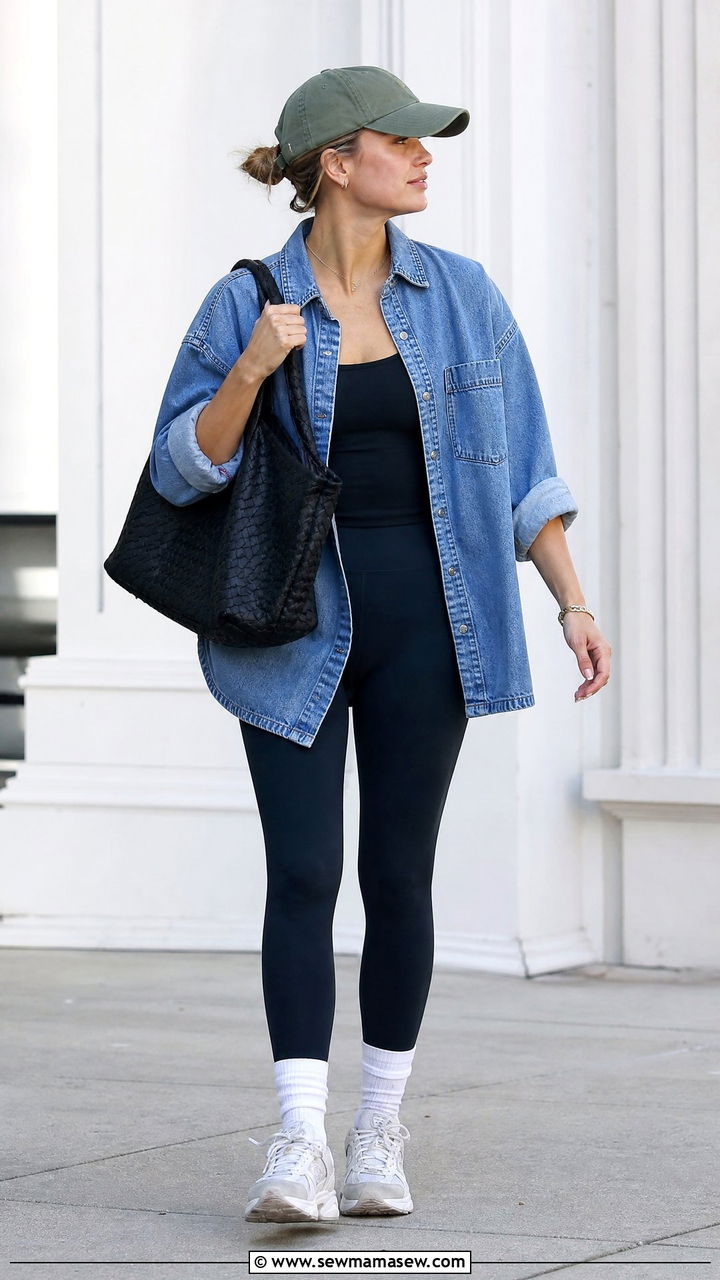 Oversized Denim Shirt With Black Leggings - 20 denim top outfit ideas