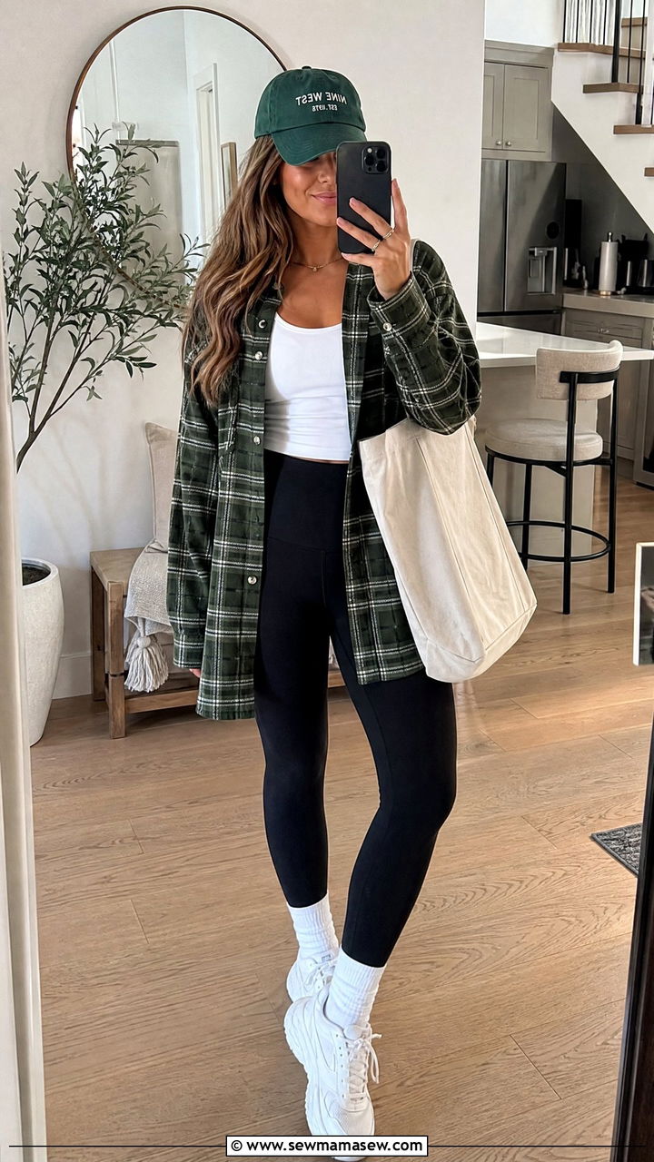 Oversized Plaid Shirt With Leggings - 20 plaid shirt outfit ideas