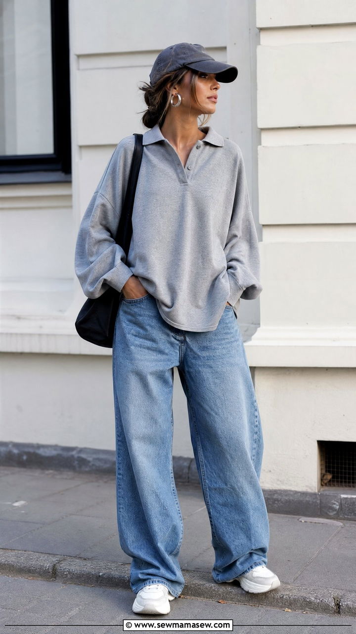 Oversized Polo Top With Baggy Jeans - 20 polo top outfit ideas