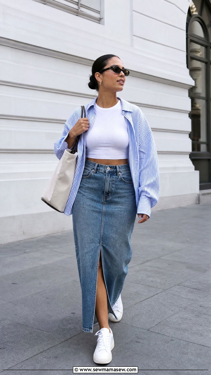 Oversized Shirt With Crop Top And Denim Maxi Skirt - 20 crop top with denim maxi skirt outfit ideas