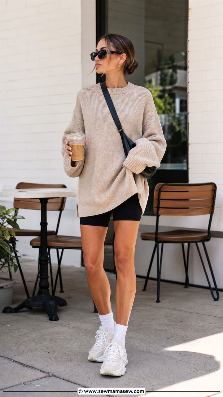Oversized Sweater With Bike Shorts - 20 oversized sweater outfit ideas
