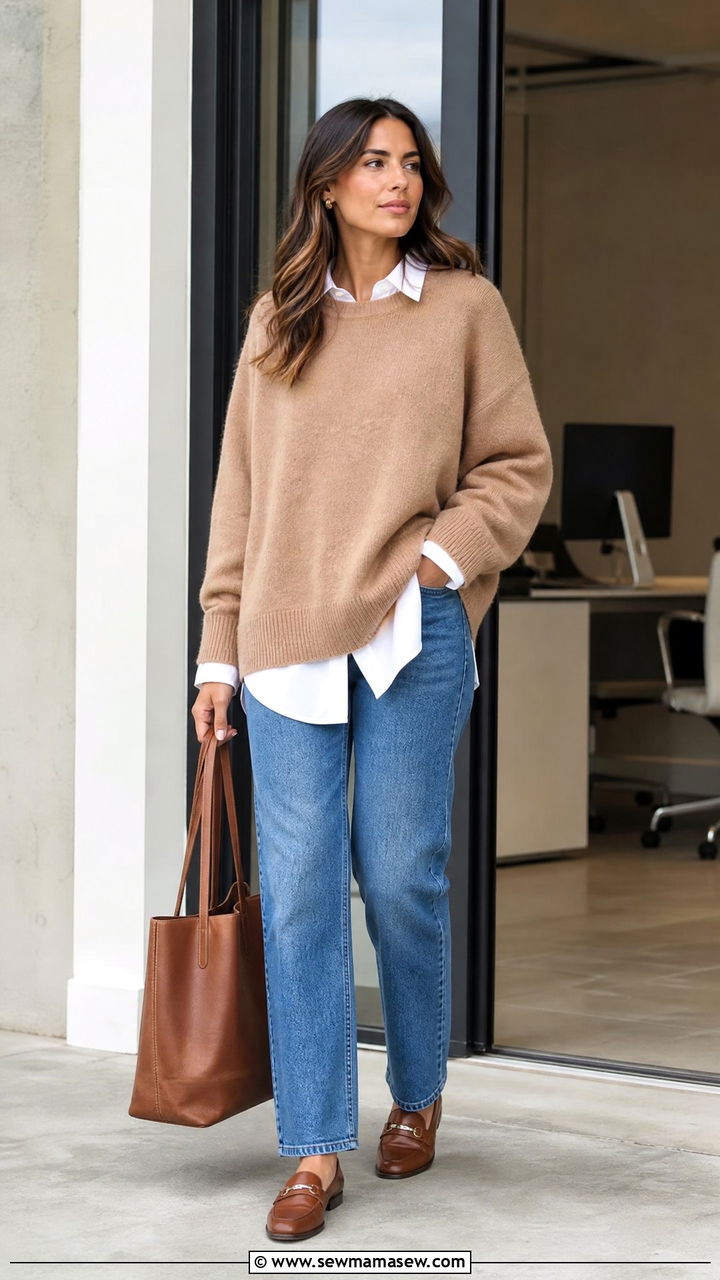 Oversized Sweater With Button Down Shirt - 20 oversized sweater outfit ideas