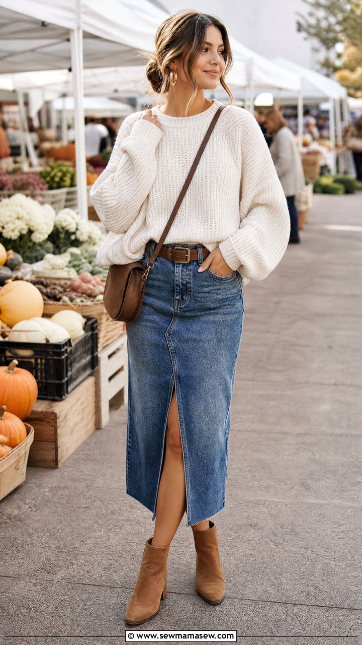 Oversized Sweater With Denim Skirt - 20 oversized sweater outfit ideas