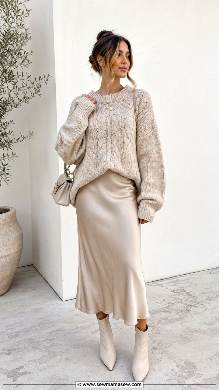 Oversized Sweater With Satin Skirt - 20 oversized sweater outfit ideas