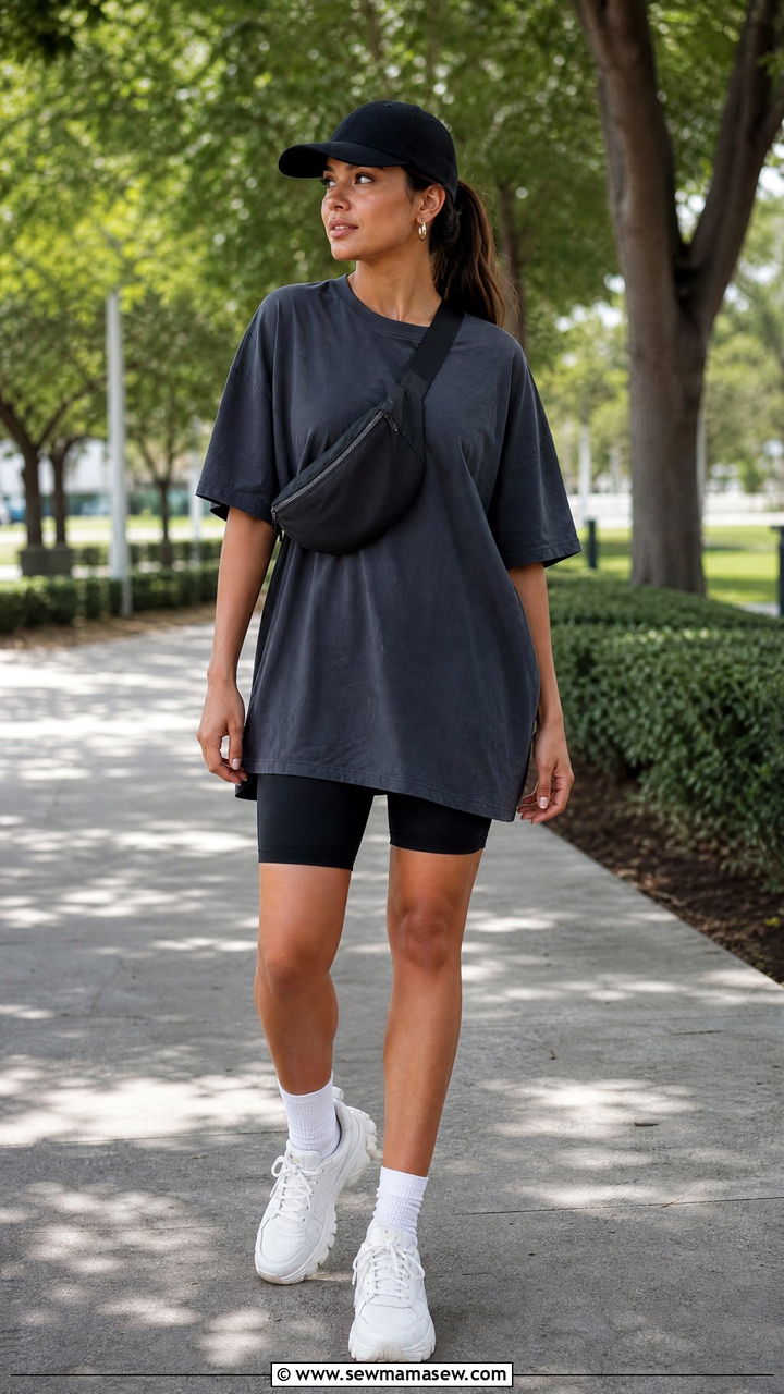 Oversized Tunic With Biker Shorts - 20 oversized tunic outfit ideas