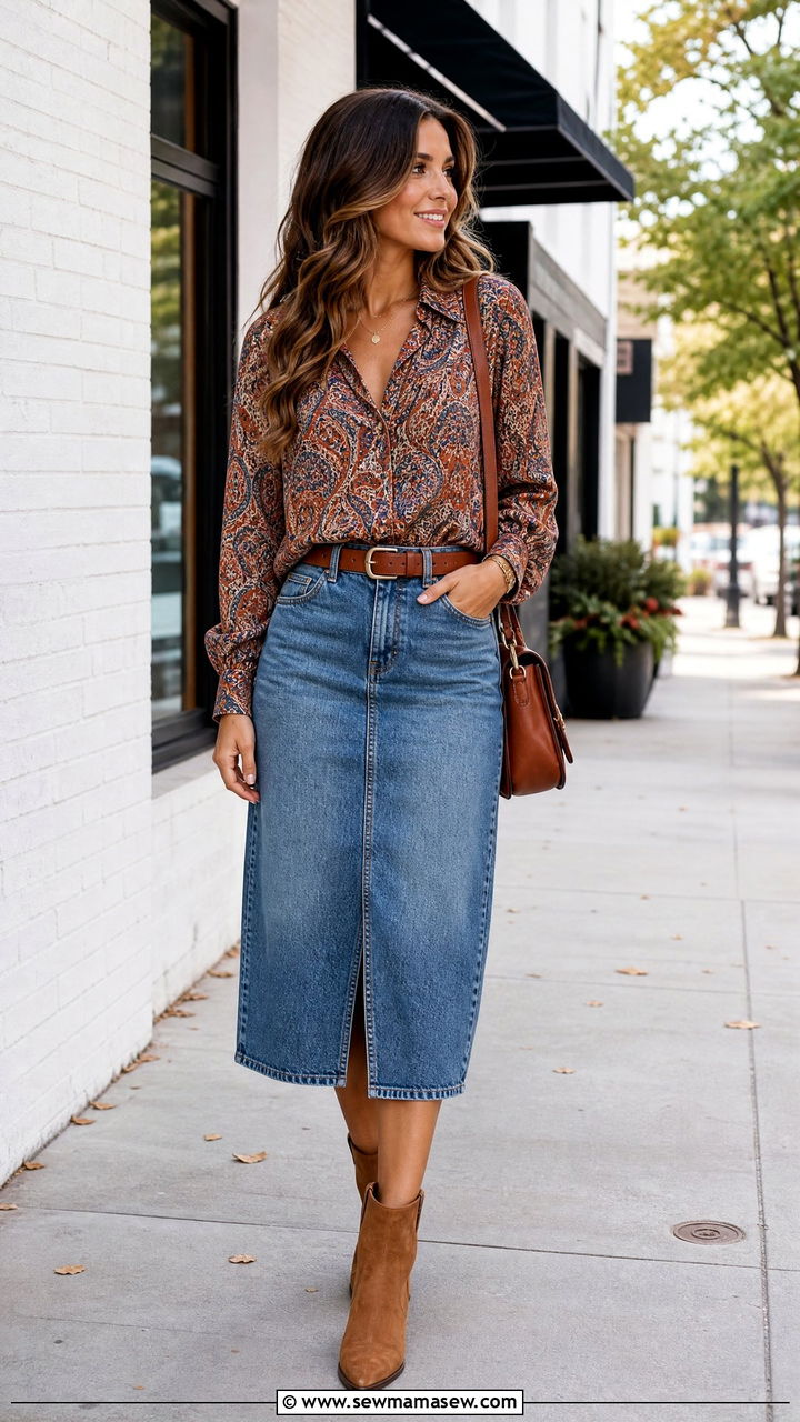 Paisley Top With A Denim Skirt - 20 paisley top outfit ideas