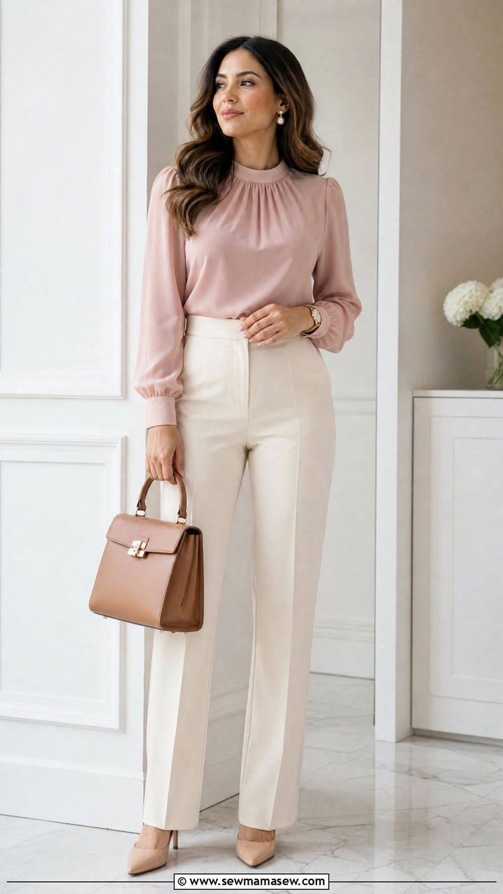 Pastel Chiffon Blouse With Cream Trousers - 20 chiffon blouse outfit ideas
