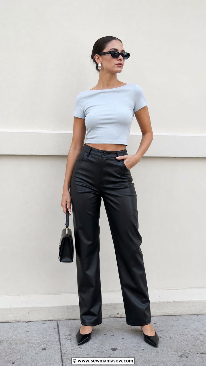 Pastel Crop Top With Leather Pants - 20 pastel crop top outfit ideas