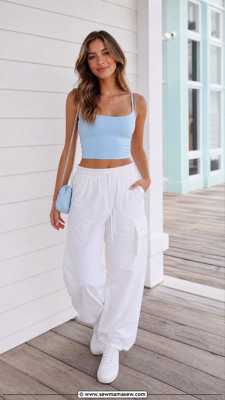 Pastel Crop Top With White Parachute Pants Outfit - 20 crop top with parachute pants outfit ideas