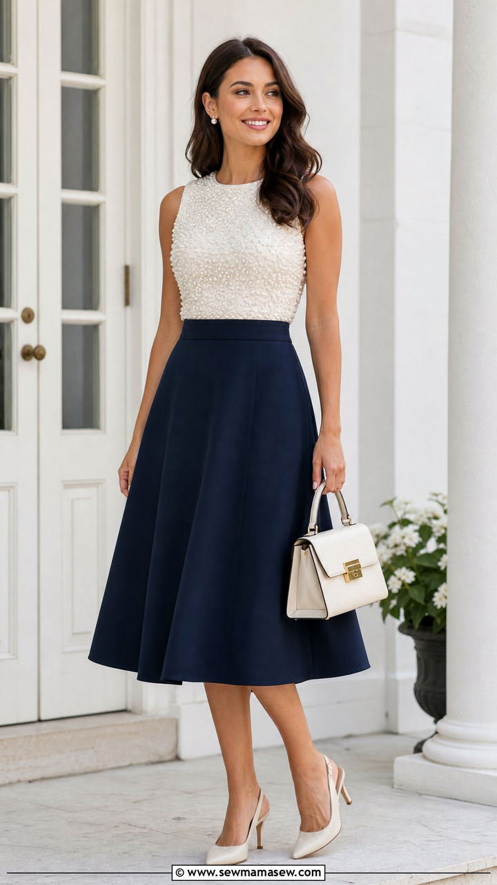 Pearl Beaded Top With A Line Skirt - 20 beaded top outfit ideas