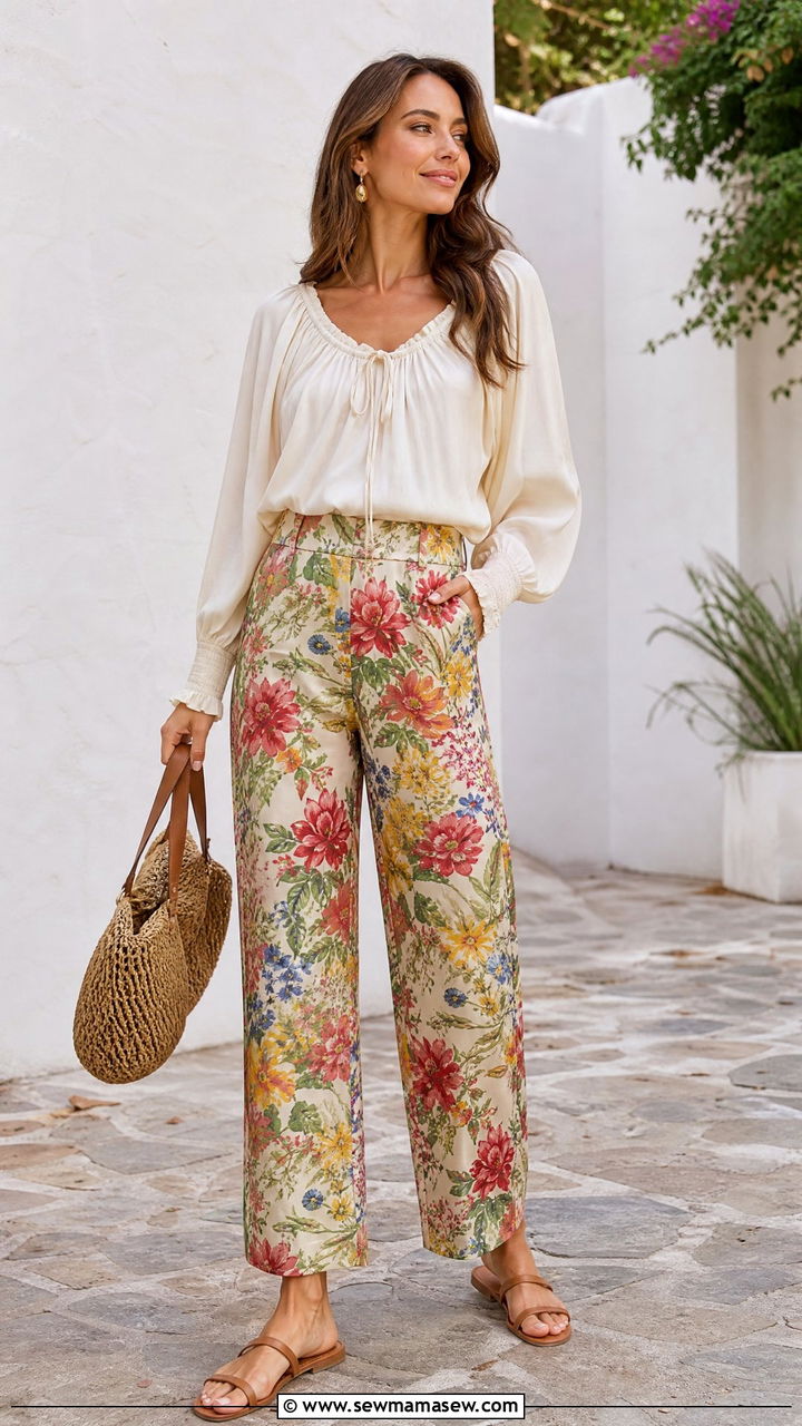 Peasant Blouse With Printed Pants - 20 peasant blouse outfit ideas