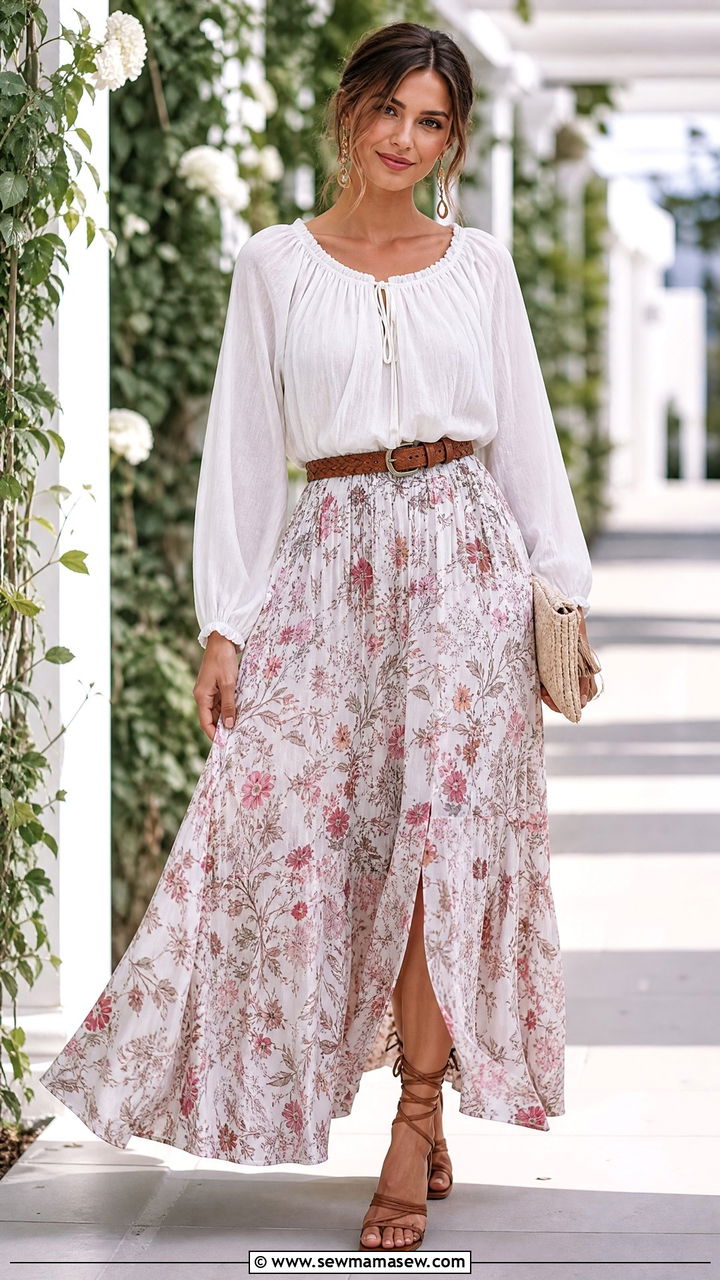 Peasant Boho Top With Maxi Skirt - 20 boho top outfit ideas