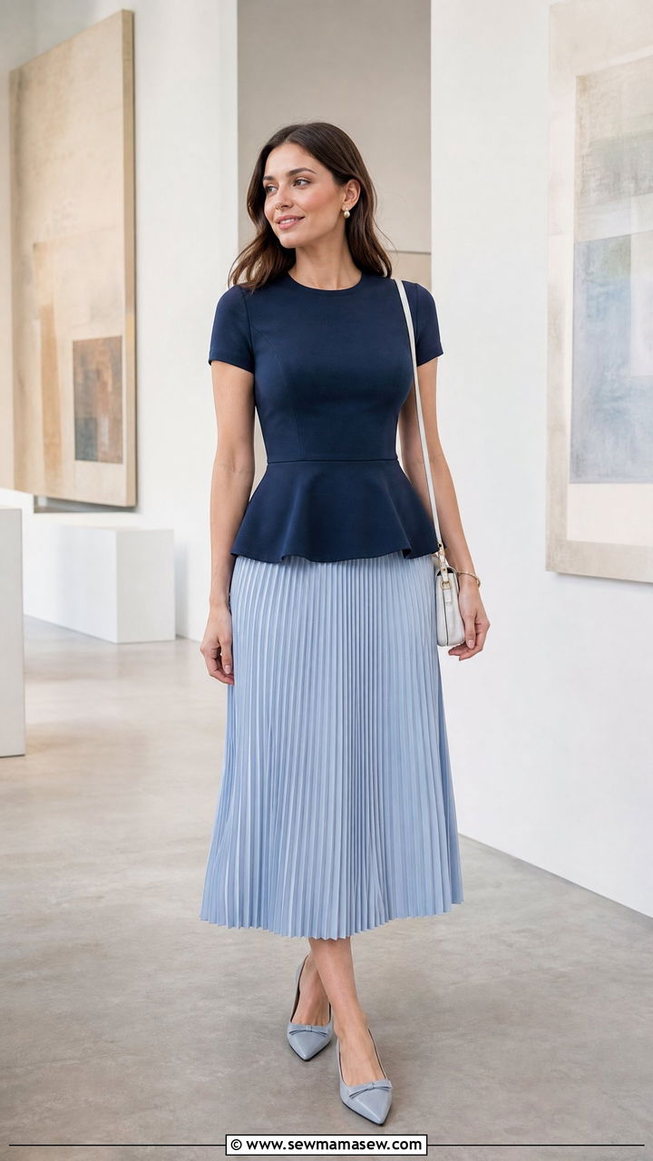 Peplum Blouse With Pleated Midi Skirt - 20 peplum blouse outfit ideas