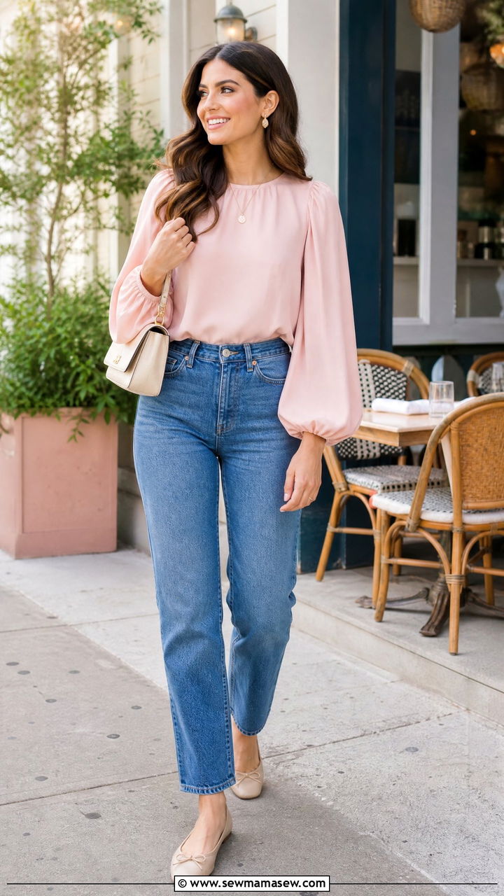 Pink Balloon Sleeve Top With Blue Jeans - 20 balloon sleeve top outfit ideas