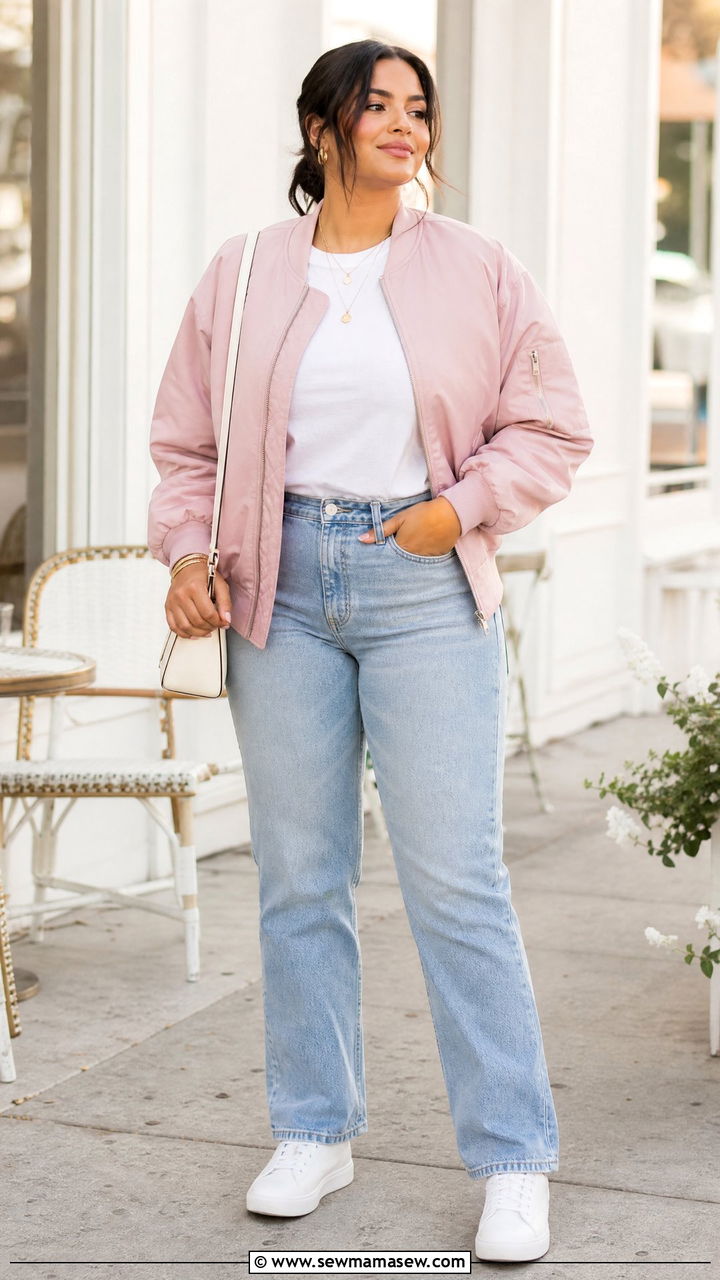 Pink Bomber Jacket With Light Wash Jeans - 20 plus size bomber jacket outfit ideas