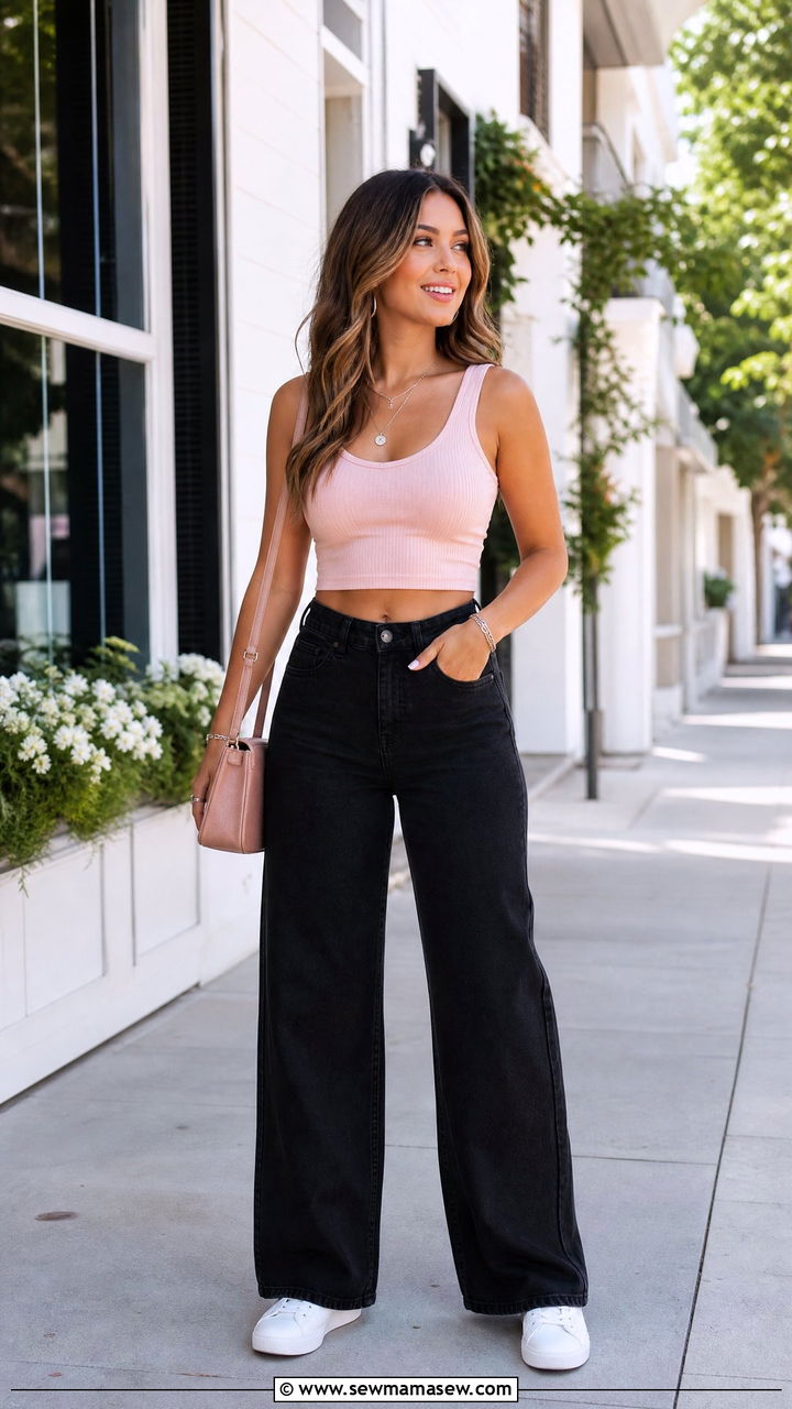 Pink Crop Top With Black Jeans - 20 crop top with black jeans outfit ideas