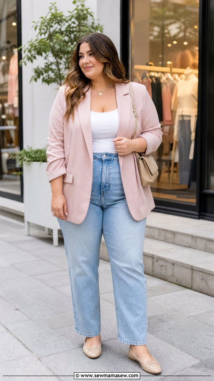Pink Oversized Blazer With Light Wash Jeans - 20 plus size oversized blazer outfit ideas
